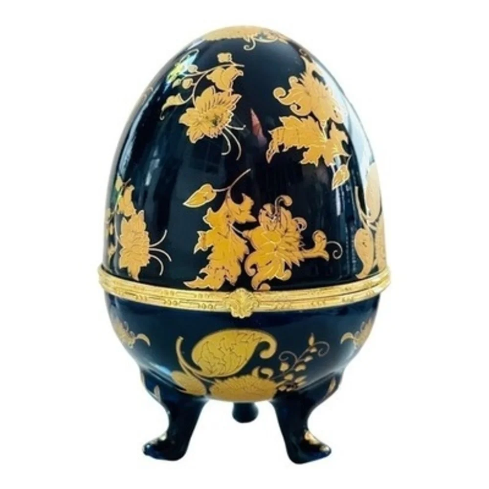 Vintage Cobalt Blue Gold Floral Porcelain Hinged Egg Trinket Box Jewelry Storage